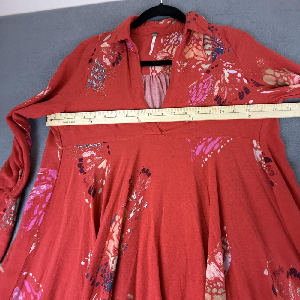 Free People Tunic Shirt Womens Small Red Floral Butterfly Boho Long Sleeve Rayon - Picture 9 of 16